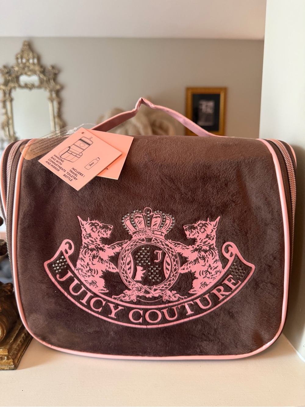 NWT Juicy Couture Brown & Pink Velvet Cosmetic Train Case with Travel Bottle